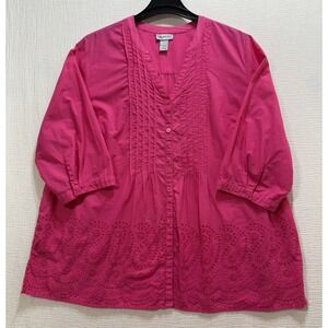 Catherines‎ Top Women's 2X Pink 3/4 Sleeves V-neck Button Up Embroidered Casual